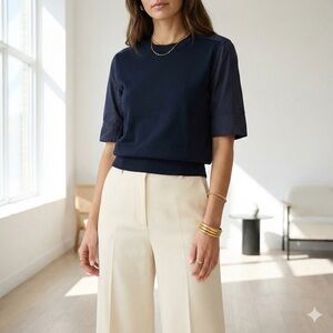 Marni Navy Blue Mixed Media Cotton Poplin Knit Short Sleeve Top - size 2 (IT 38)